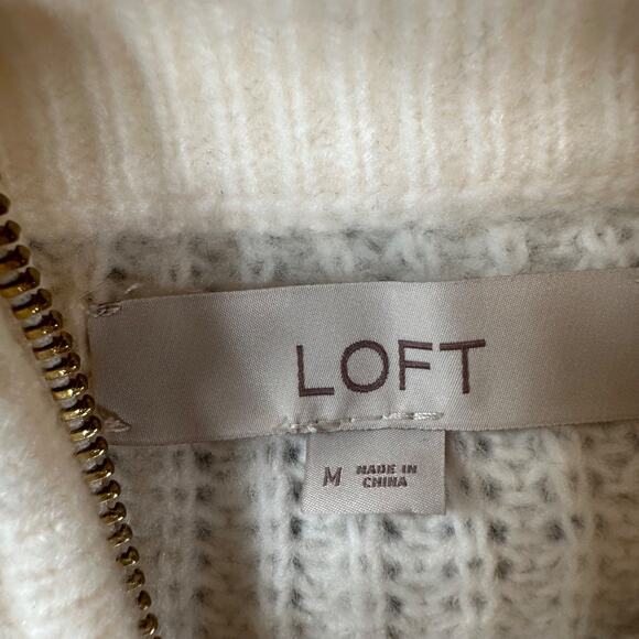 Ann Taylor LOFT Cable Knit Quarter Zip Sweater Women's Medium Winter White Cozy - Picture 4 of 8